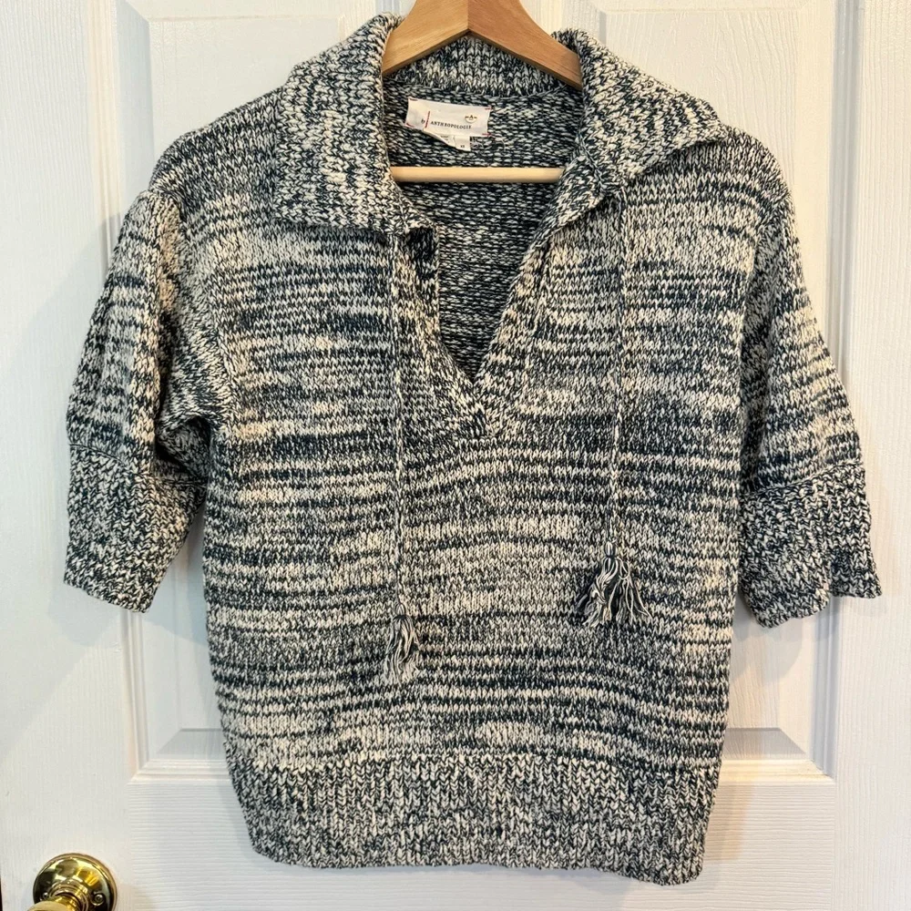 Anthropologie Carlotta Collared Marled Cotton Knit Sweater Blue Cream Size XS